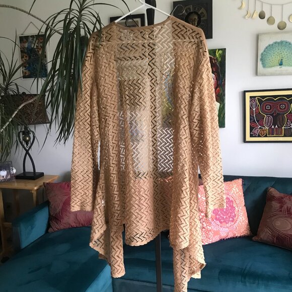 FRENCH BAZAAR size XXL Tan Open Weave Drape Front Topper Kimono Cardigan - Picture 4 of 5